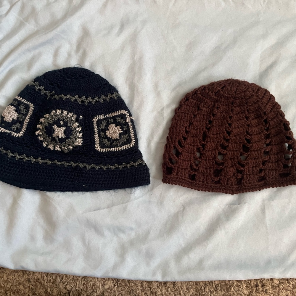 Handmade Crochet Beanie Set in Blue  and Brown